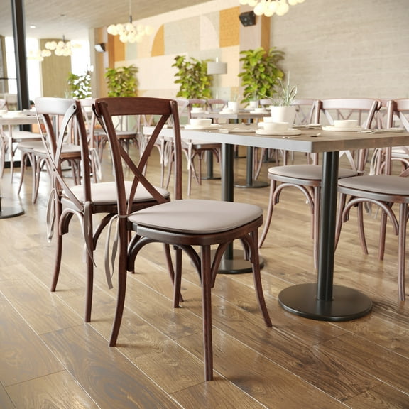 BizChair 2 Pk. Stackable Mahogany Wood Cross Back Chair with Cushion