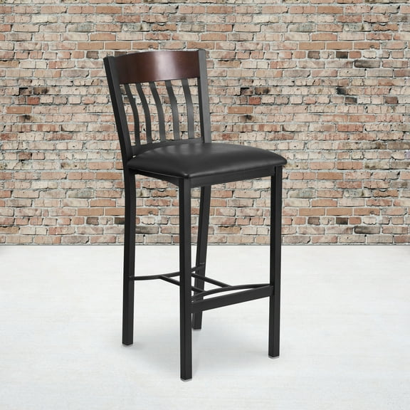 BizChair 2 Pk. Vertical Back Black Metal and Walnut Wood Restaurant Barstool with Black Vinyl Seat