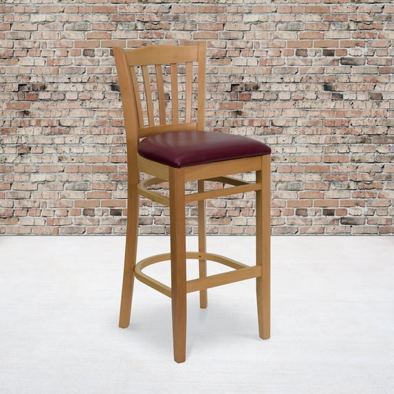 BizChair 2 Pk. Vertical Slat Back Natural Wood Restaurant Barstool - Burgundy Vinyl Seat