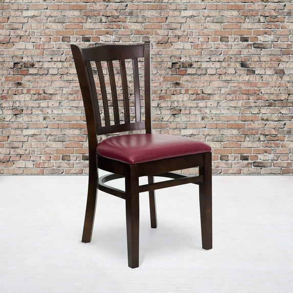 BizChair 2 Pk. Vertical Slat Back Walnut Wood Restaurant Chair - Burgundy Vinyl Seat
