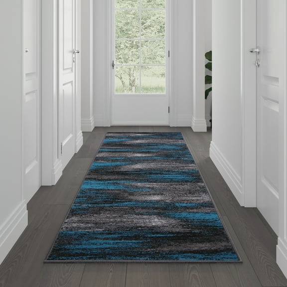 BizChair 2' x 10' Blue Abstract Area Rug - Olefin Rug with Jute Backing for Hallway, Entryway, Bedroom, Living Room