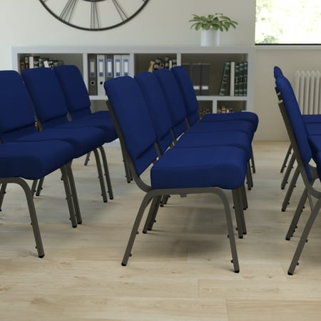 BizChair 21''W Stacking Church Chair in Navy Blue Fabric - Silver Vein Frame