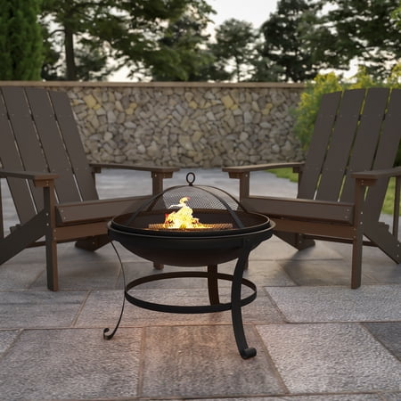 BizChair 22" Round Wood Burning Firepit with Mesh Spark Screen and Poker