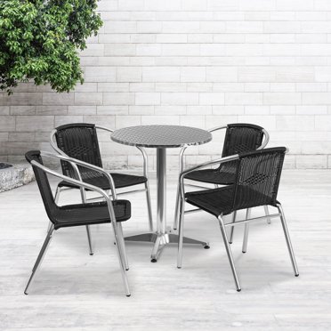 Lila 31.5'' Round Aluminum Indoor-Outdoor Table Set with 2 Rattan Chairs