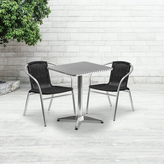 BizChair 23.5'' Square Aluminum Indoor-Outdoor Table Set with 2 Black Rattan Chairs