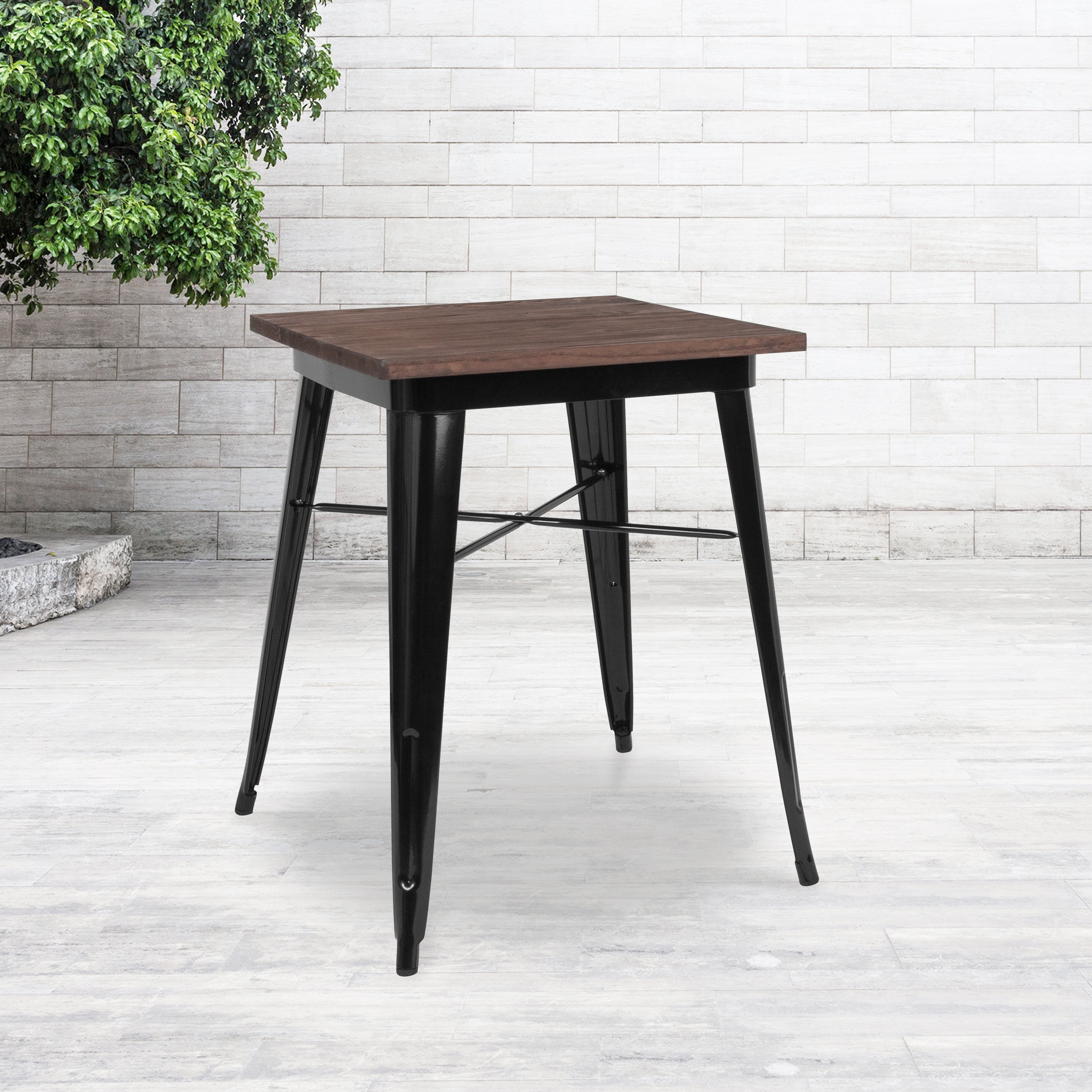 Bizchair 235 Square Black Metal Indoor Table With Walnut Rustic Wood Top 1900