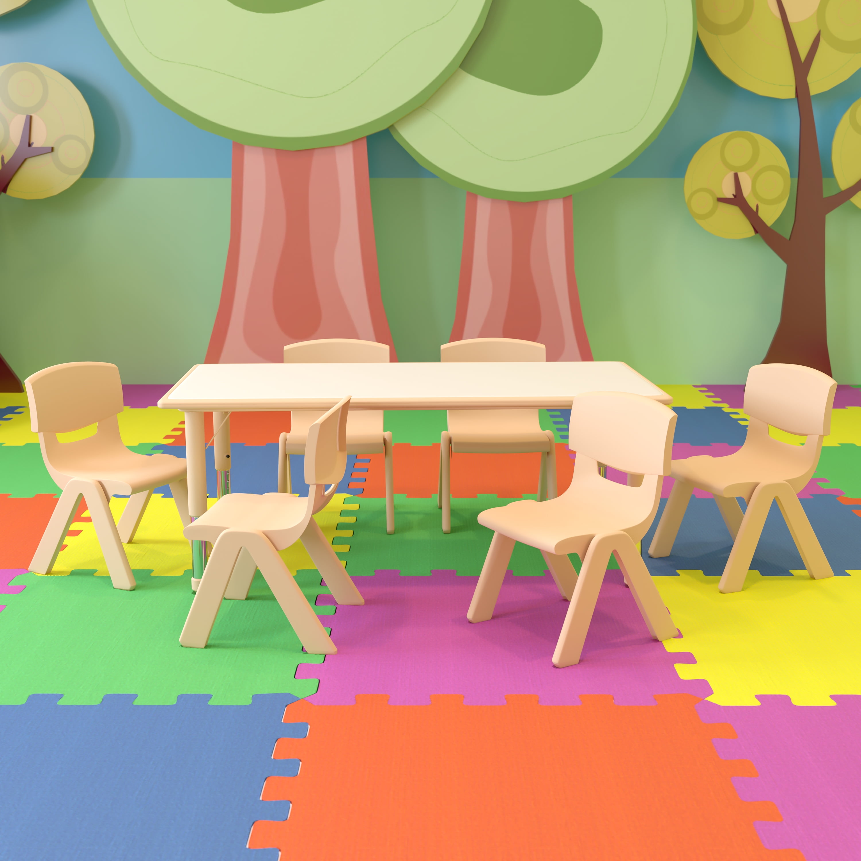 BizChair 23.625"W x 47.25"L Rectangular Natural Plastic Height Adjustable Activity Table Set with 6 Chairs
