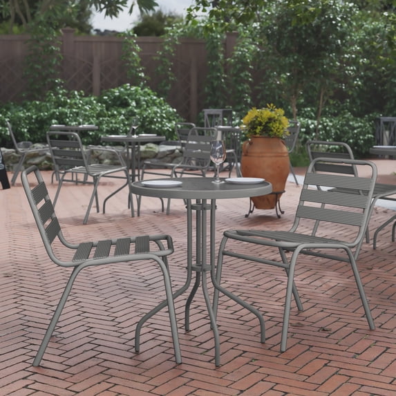 BizChair 23.75'' Silver Round Tempered Glass Metal Table