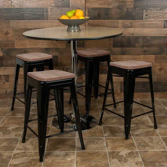 BizChair 24" High Metal Counter-Height, Indoor Bar Stool with Wood Seat in Black - Stackable Set of 4
