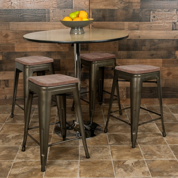 BizChair 24" High Metal Counter-Height, Indoor Bar Stool with Wood Seat in Gun Metal Gray - Stackable Set of 4