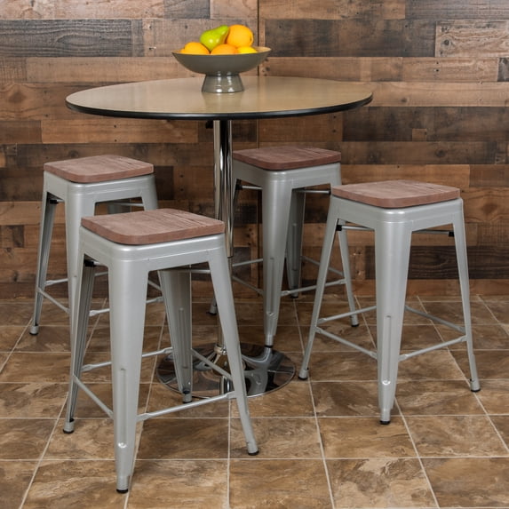 BizChair 24" High Metal Counter-Height, Indoor Bar Stool with Wood Seat in Silver - Stackable Set of 4