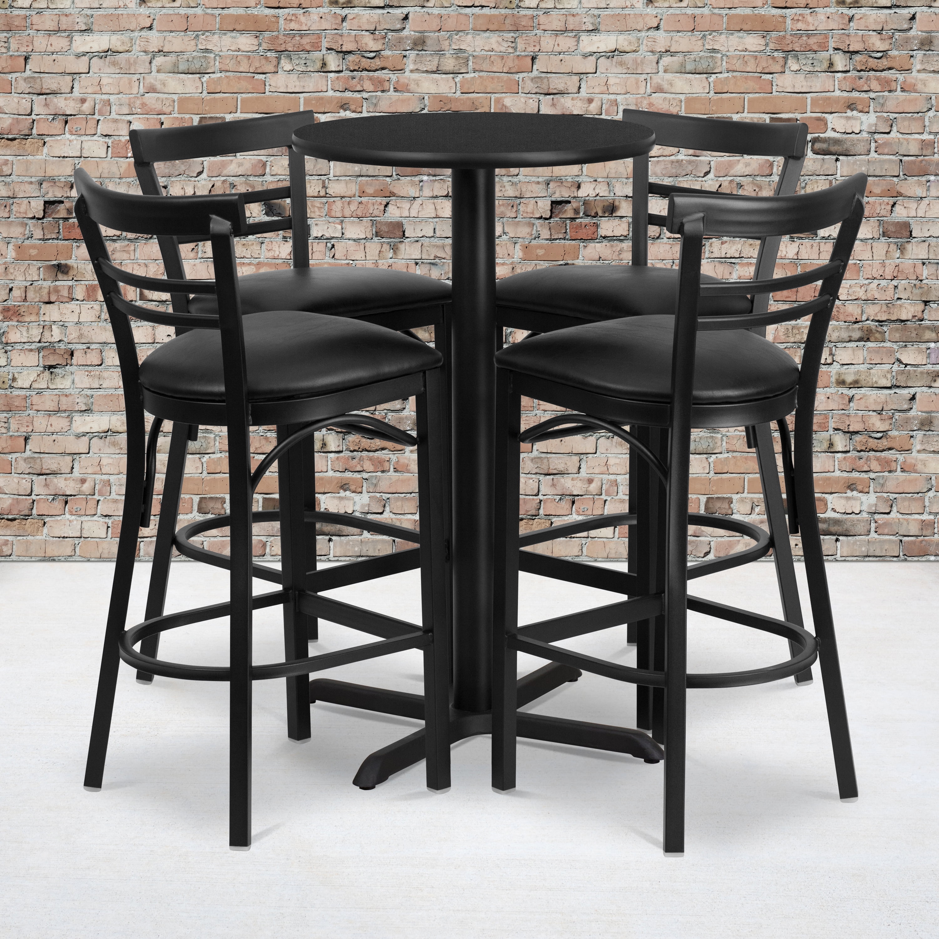 Black Round Laminate Pub Table Set with Metal Bar Stools