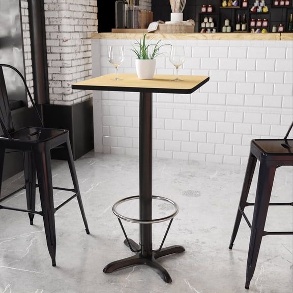 BizChair 24'' Square Natural Laminate Table Top with 22'' x 22'' Bar Height Table Base and Foot Ring