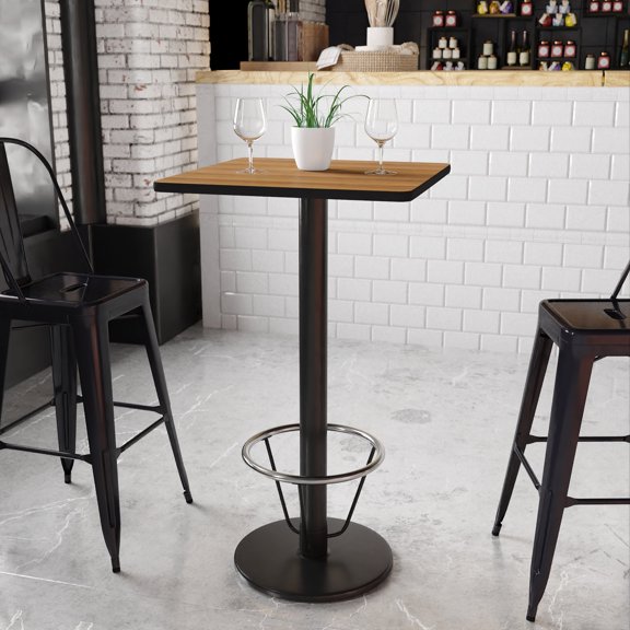 BizChair 24'' Square Walnut Laminate Table Top with 18'' Round Bar Height Table Base and Foot Ring