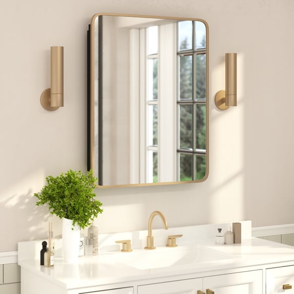 BizChair 24" x 30" Recessed Bathroom Medicine Cabinet with Rounded Beveled Mirror and Reversible Metal Frame in Gold
