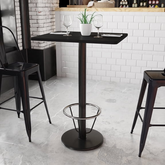 BizChair 24'' x 30'' Rectangular Black Laminate Table Top with 18'' Round Bar Height Table Base and Foot Ring