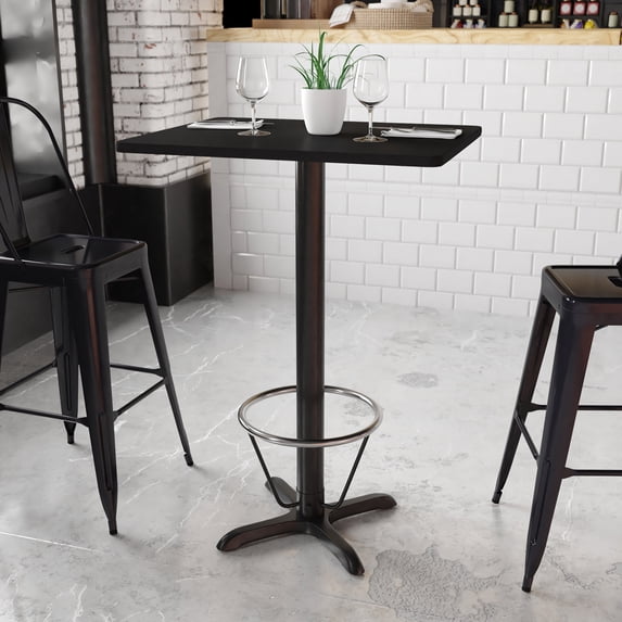 BizChair 24'' x 30'' Rectangular Black Laminate Table Top with 22'' x 22'' Bar Height Table Base and Foot Ring