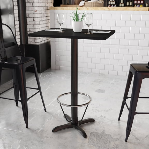 BizChair 24'' x 30'' Rectangular Black Laminate Table Top with 22'' x 22'' Bar Height Table Base and Foot Ring