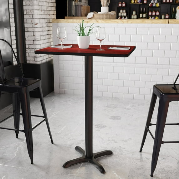 BizChair 24'' x 30'' Rectangular Mahogany Laminate Table Top with 22'' x 22'' Bar Height Table Base