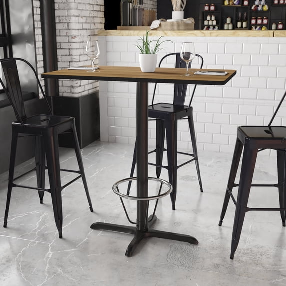BizChair 24'' x 42'' Rectangular Walnut Laminate Table Top with 23.5'' x 29.5'' Bar Height Table Base and Foot Ring