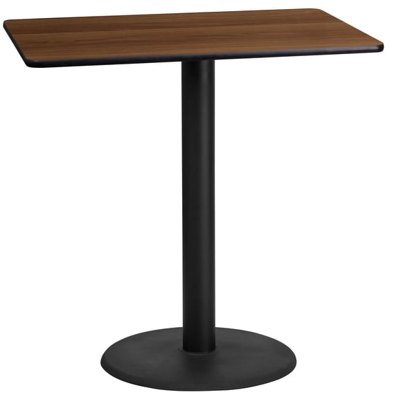 BizChair 24'' x 42'' Rectangular Walnut Laminate Table Top with 24'' Round Bar Height Table Base