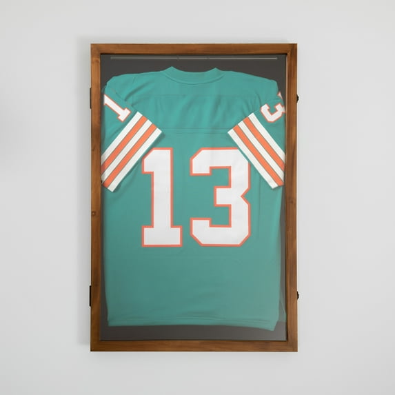 BizChair 24x36 Jersey Display Case with Solid Pine Wood Frame, UV Treated Acrylic Window, Velvet Backing Board, and Anti-Theft Lock in Rustic Brown