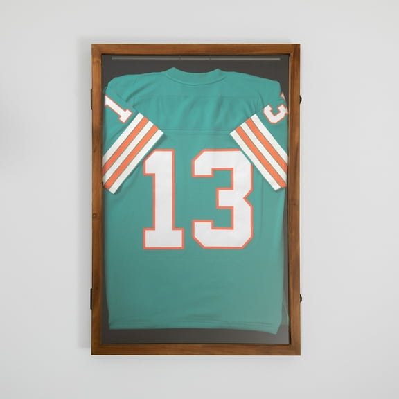 BizChair 24x36 Jersey Display Case with Solid Pine Wood Frame, UV Treated Acrylic Window, Velvet Backing Board, and Anti-Theft Lock in Rustic Brown