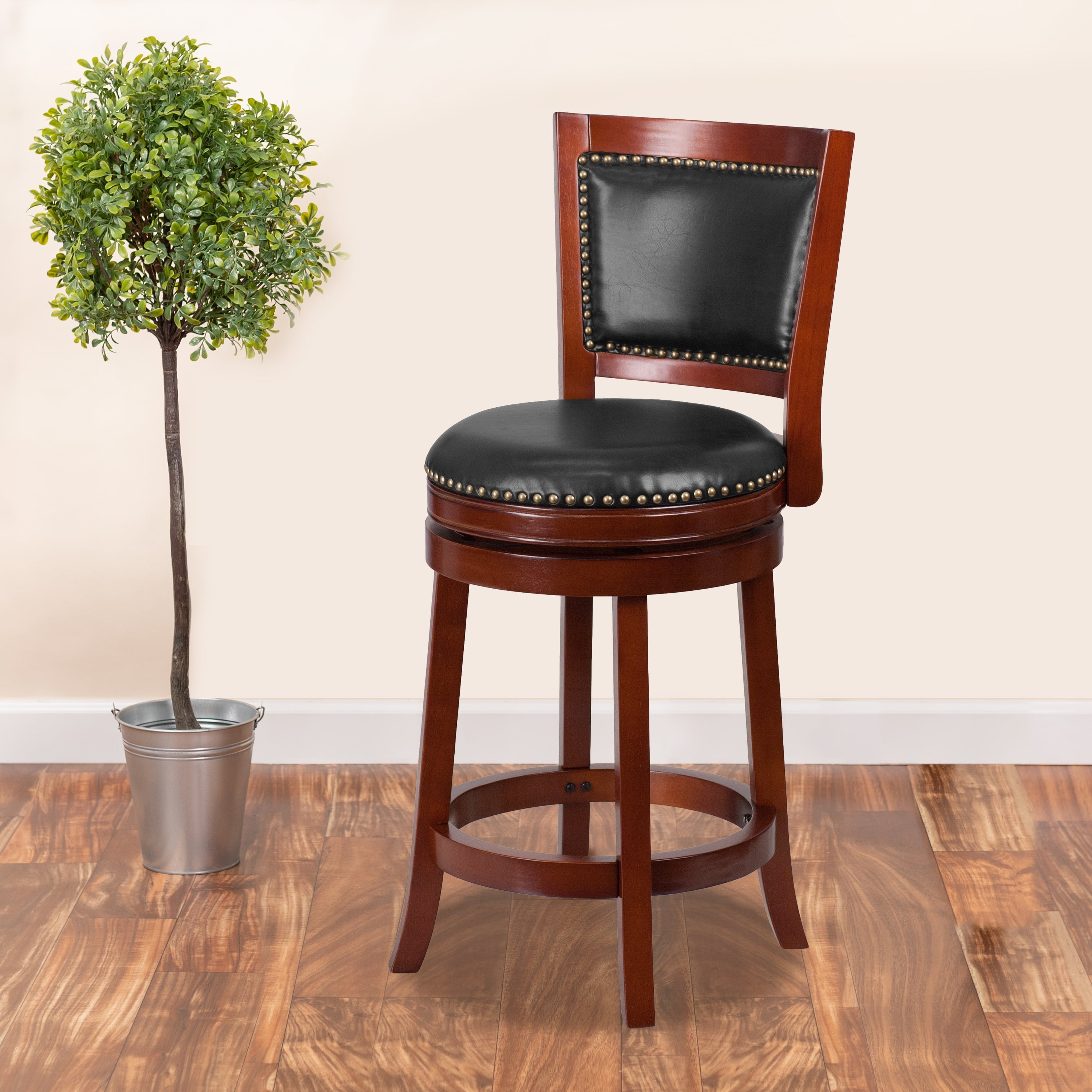 BizChair 26'' High Dark Cherry Wood Counter Height Stool with Open