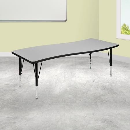 BizChair 26"W x 60"L Rectangular Wave Flexible Collaborative Grey Thermal Laminate Activity Table - Height Adjustable Short Legs