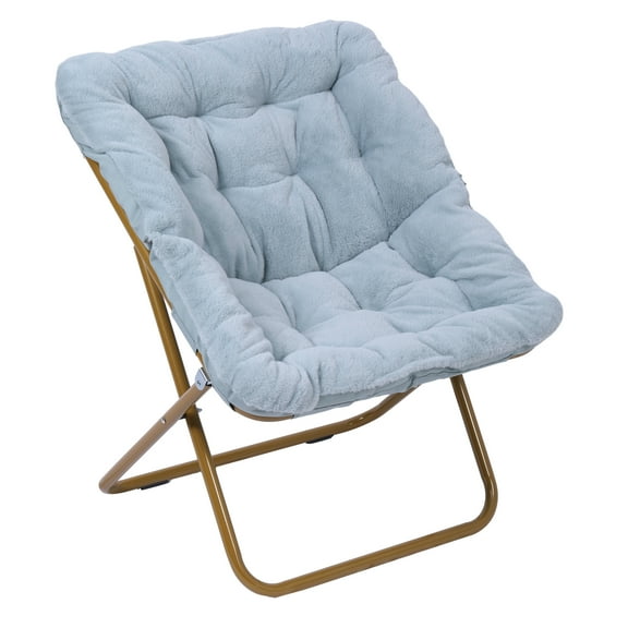 BizChair 28" Oversized Portable Faux Fur Folding Saucer Chair for Dorm, Bedroom, Dusty Aqua Faux Fur/Soft Gold Frame