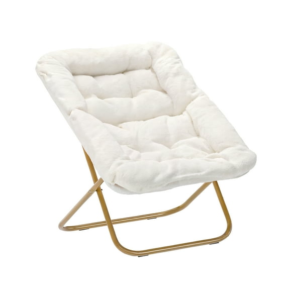 BizChair 28" Oversized Portable Faux Fur Folding Saucer Chair for Dorm, Bedroom, Ivory Faux Shearling/Soft Gold Frame