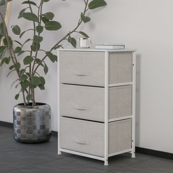 BizChair 3 Drawer Wood Top White Cast Iron Frame Vertical Storage Dresser with Light Gray Easy Pull Fabric Drawers