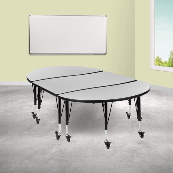 BizChair 3 Piece 76" Oval Wave Flexible Grey Thermal Laminate Activity Table Set - Height Adjustable Short Legs