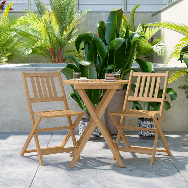 BizChair 3 Piece Folding Patio Bistro Set, Indoor/Outdoor Acacia Round
