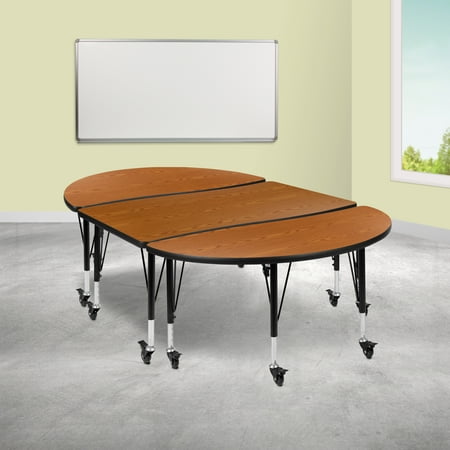 BizChair 3 Piece Mobile 76" Oval Wave Flexible Oak Thermal Laminate Activity Table Set - Height Adjustable Short Legs