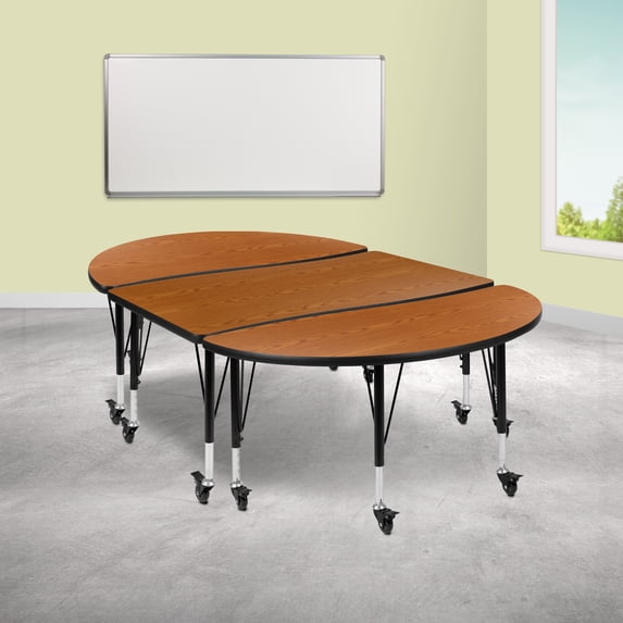 BizChair 3 Piece Mobile 76" Oval Wave Flexible Oak Thermal Laminate Activity Table Set - Height Adjustable Short Legs