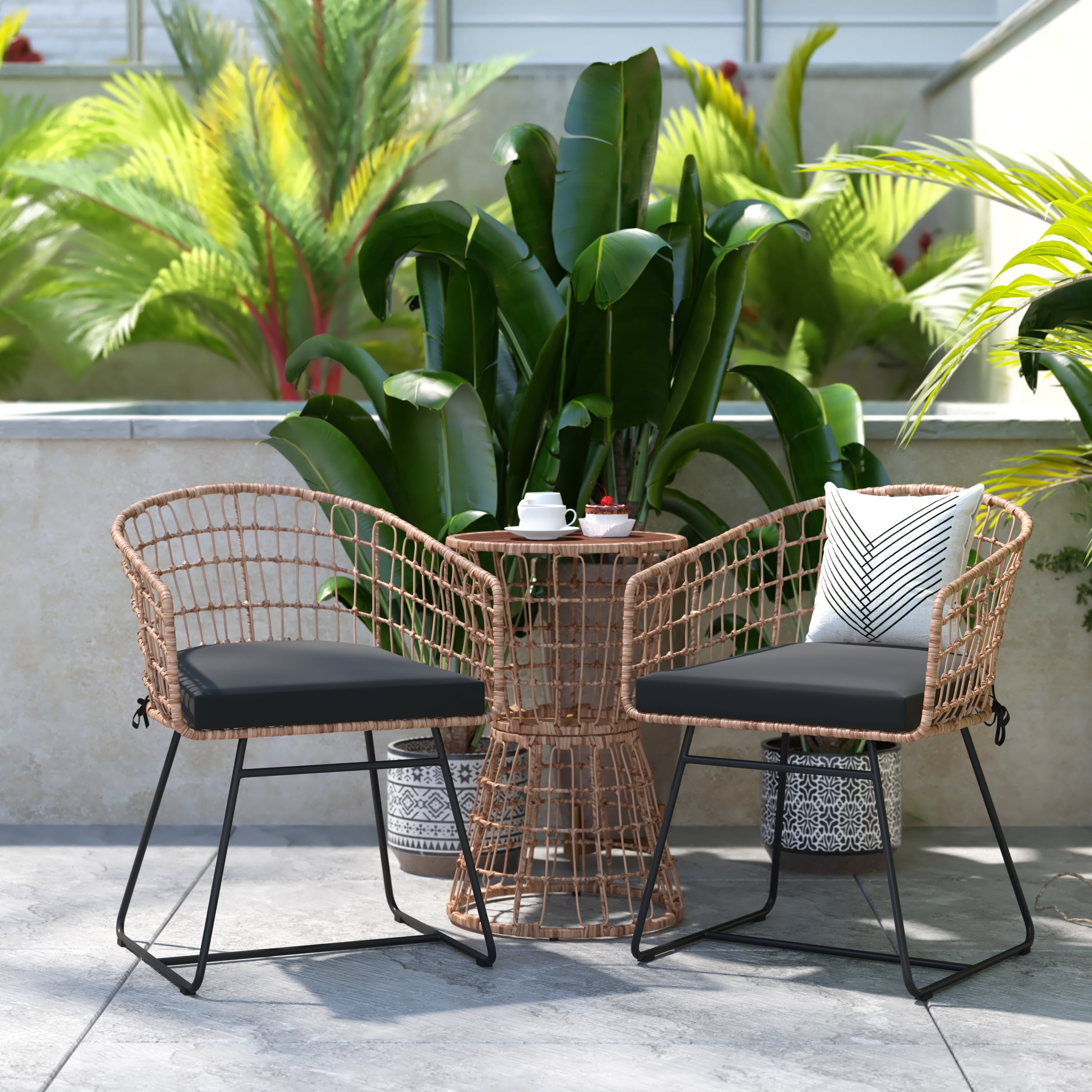 BizChair 3-Piece Natural Patio Bistro Set, Indoor/Outdoor Rattan Rope Chairs, Acacia Wood Top ...
