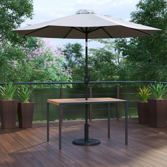 BizChair 3 Piece Outdoor Patio Table Set - 30" x 48" Synthetic Teak Patio Table with Gray Umbrella and Base