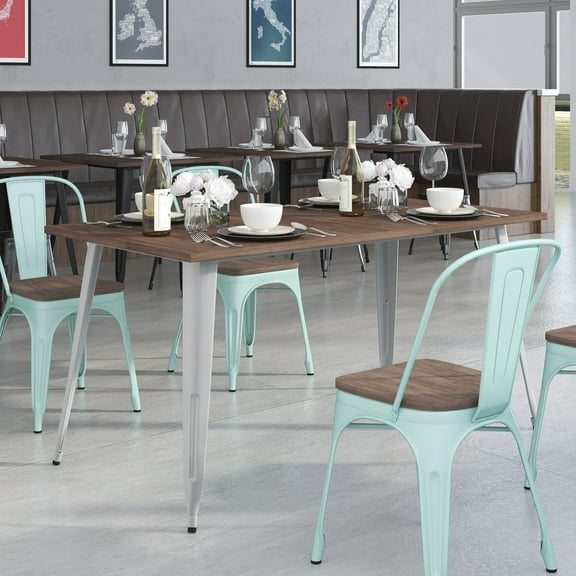 BizChair 30.25" x 60" Rectangular Silver Metal Indoor Table with Walnut Rustic Wood Top