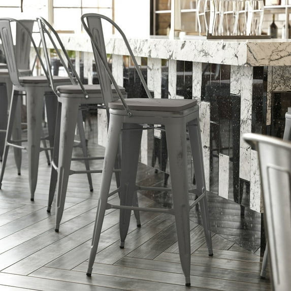 BizChair 30'' High Silver Antique Finish with Clear Coat Indoor Barstool with Back and Gray Poly Resin Wood Seat