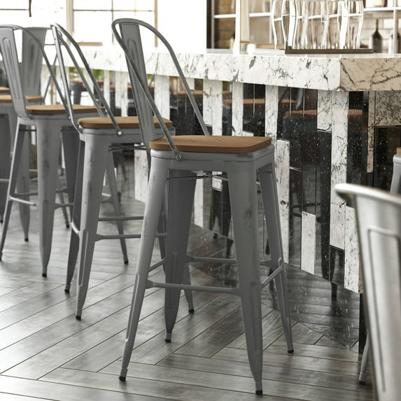 BizChair 30'' High Silver Antique Finish with Clear Coat Indoor Barstool with Back and Teak Poly Resin Wood Seat