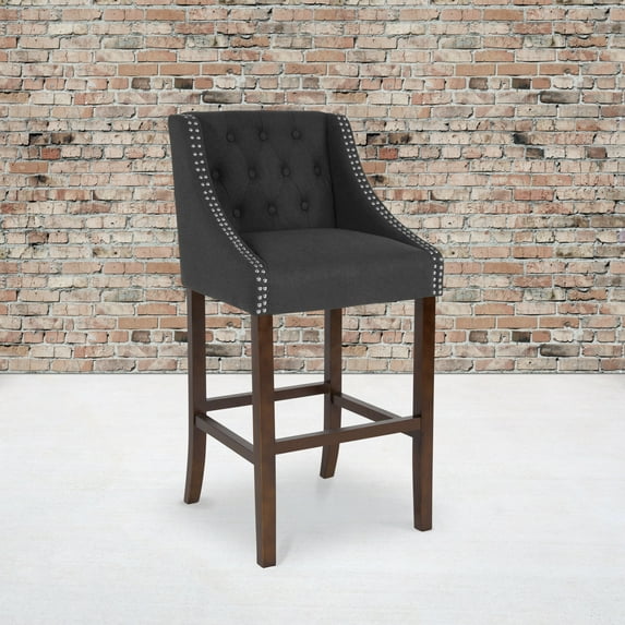 BizChair 30" High Transitional Tufted Walnut Barstool with Accent Nail Trim in Charcoal Fabric