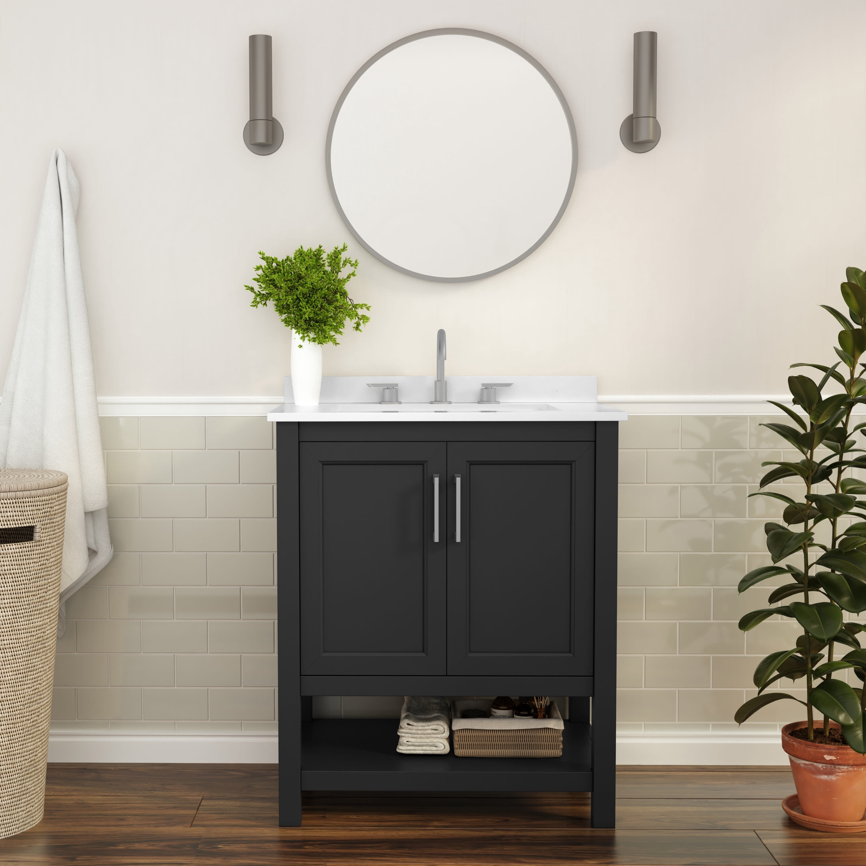 BizChair 30 Inch Bathroom Vanity with Sink Combo, Storage Cabinet with Soft Close Doors and Open Shelf, Carrara Marble Finish Countertop, Black