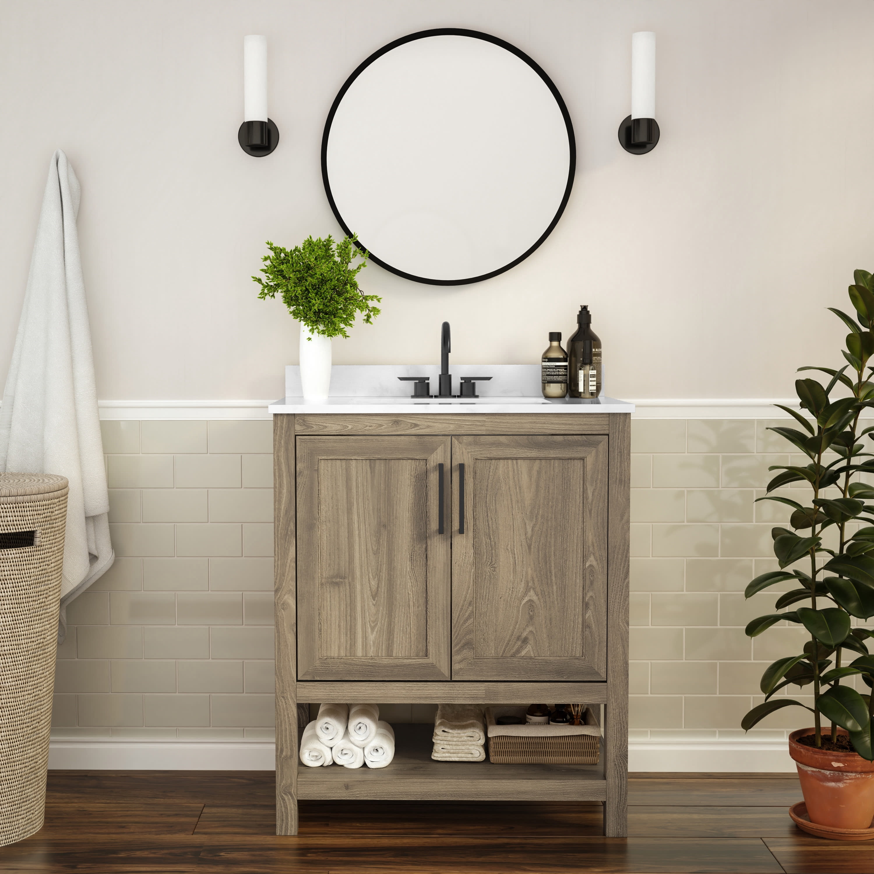 BizChair 30 Inch Bathroom Vanity with Sink Combo, Storage Cabinet with Soft Close Doors and Open Shelf, Carrara Marble Finish Countertop, Brown/White