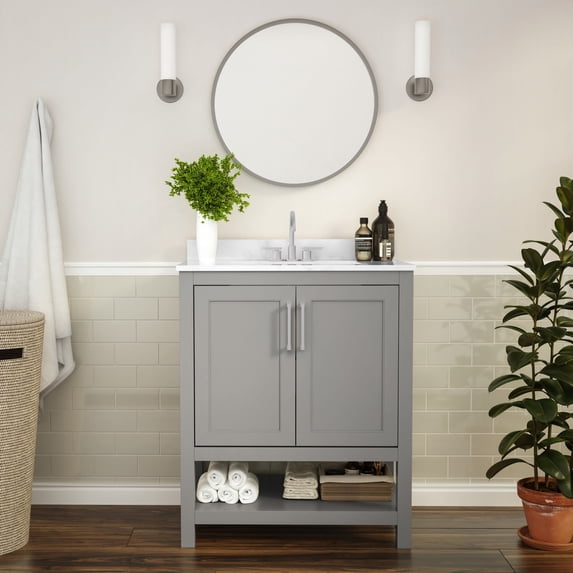 BizChair 30 Inch Bathroom Vanity with Sink Combo, Storage Cabinet with Soft Close Doors and Open Shelf, Carrara Marble Finish Countertop, Gray/White