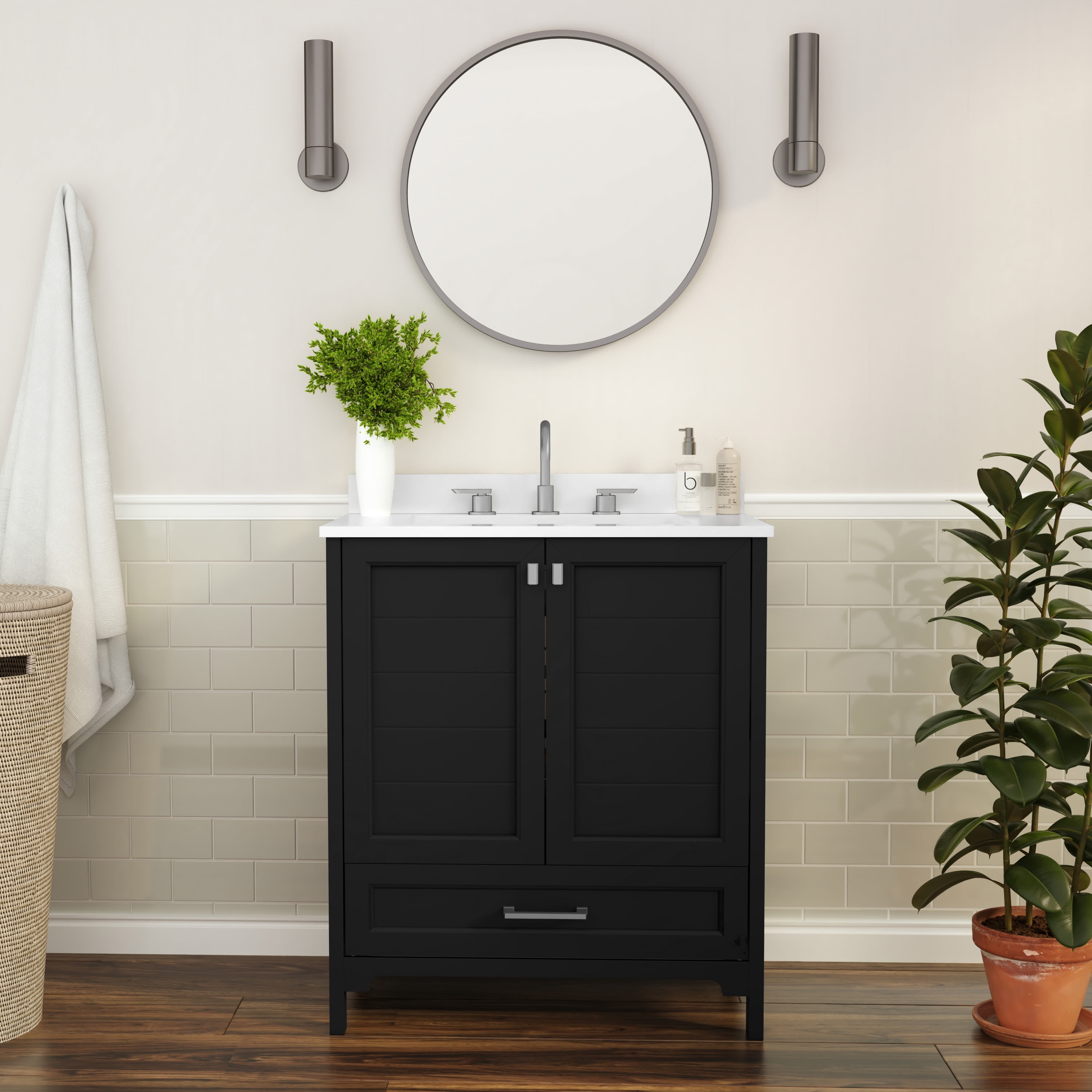 BizChair 30 Inch Bathroom Vanity with Sink, Storage Cabinet with Soft Close Doors and Bottom Drawer, Carrara Marble Finish Countertop, Black
