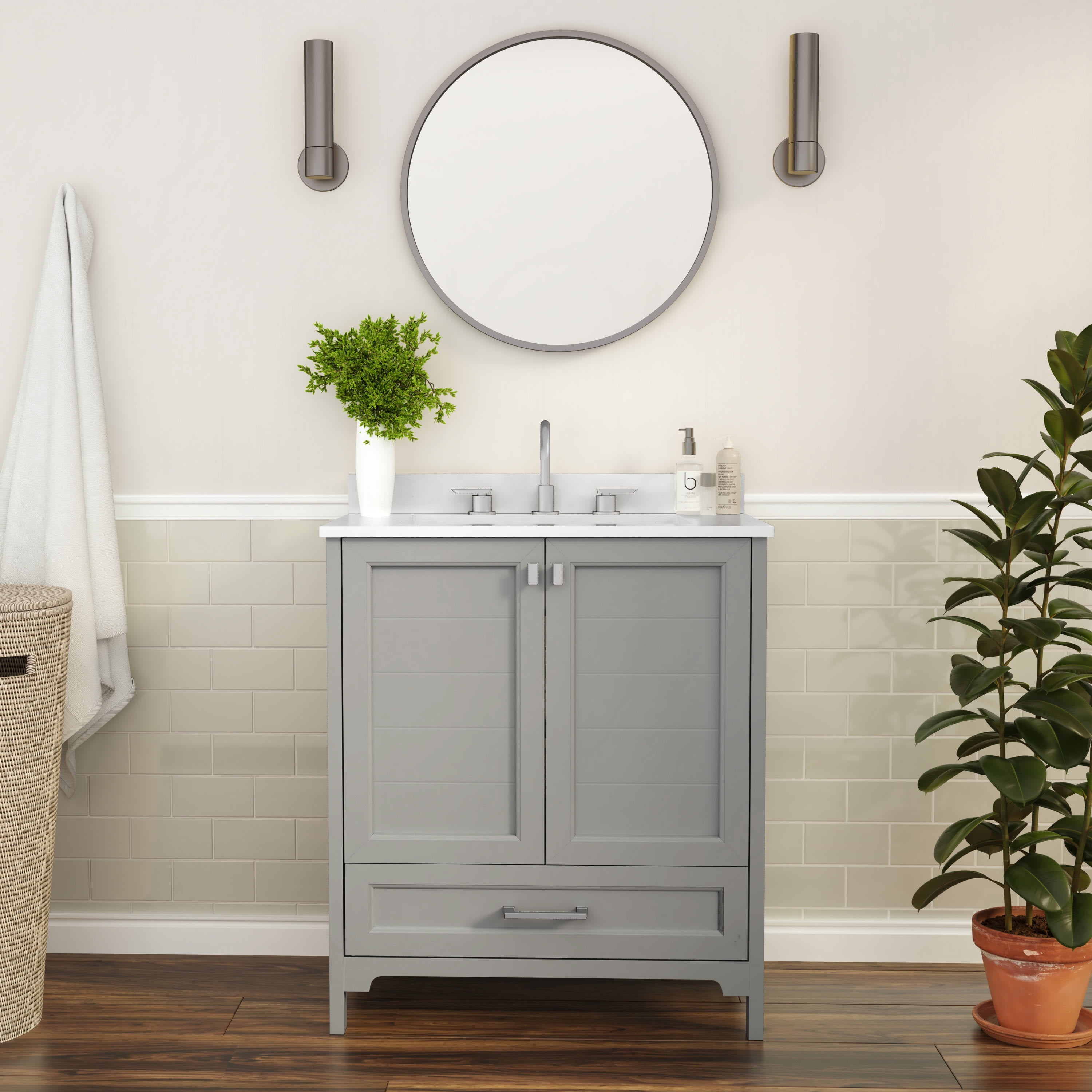 BizChair 30 Inch Bathroom Vanity with Sink, Storage Cabinet with Soft Close Doors and Bottom Drawer, Carrara Marble Finish Countertop, Gray
