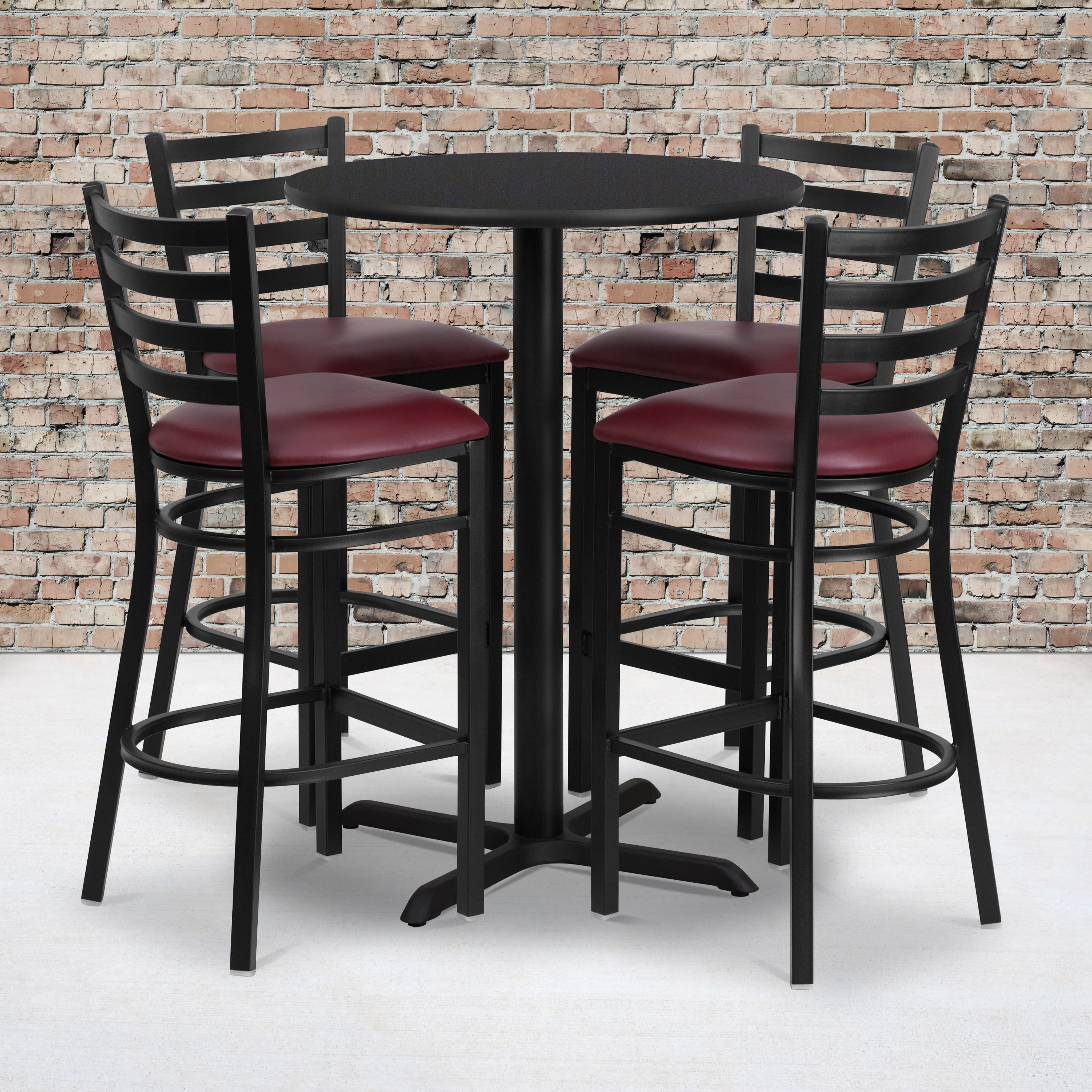 Black Round Laminate Pub Table Set with 4 Burgundy Vinyl Bar Stools