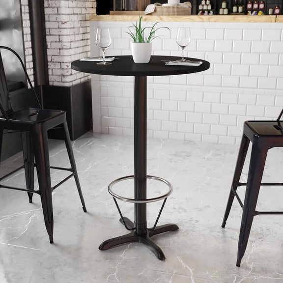BizChair 30'' Round Black Laminate Table Top with 22'' x 22'' Bar Height Table Base and Foot Ring