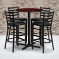thumbnail image 1 of BizChair 30'' Round Mahogany Laminate Table Set with X-Base and 4 Ladder Back Metal Barstools - Black Vinyl Seat, 1 of 3